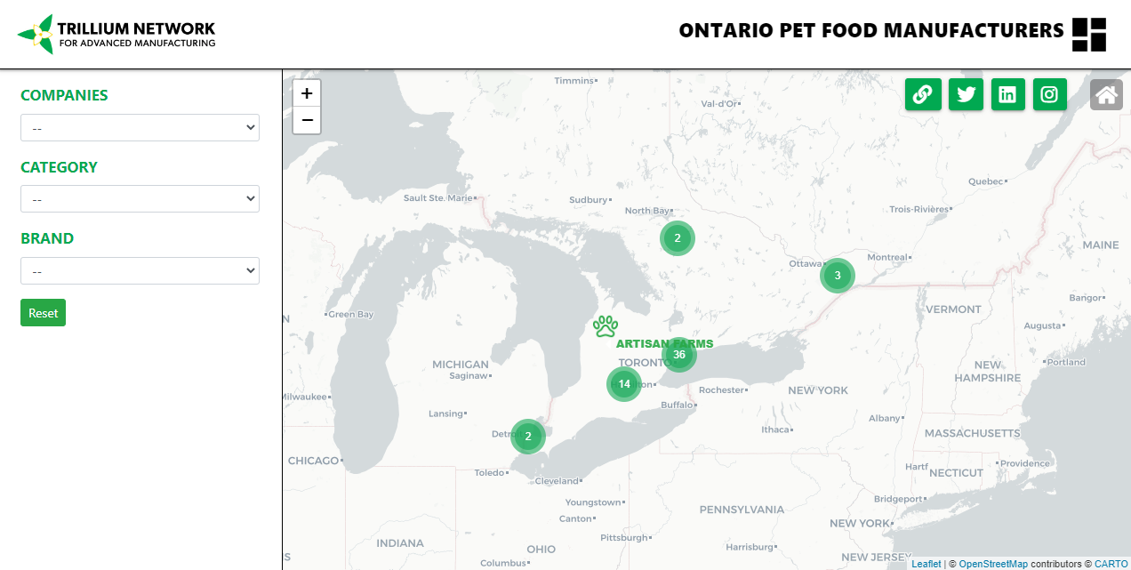 New TrilliumGIS feature maps Ontario pet food manufacturers • Trillium