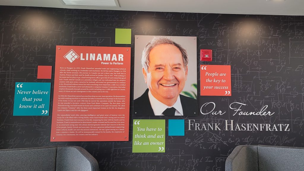 Portrait of Linamar's founder Frank Hasenfratz hangs in the lobby of the Innovation Hub (iHub)